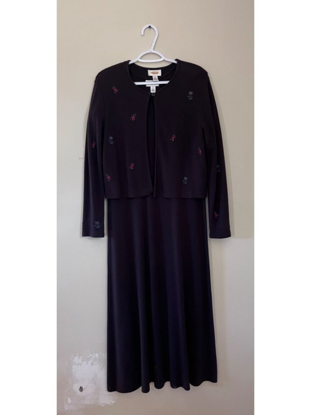 Vintage Talbots Womens Medium Black Dress Button Up Cardigan Flowers Long Sleeve